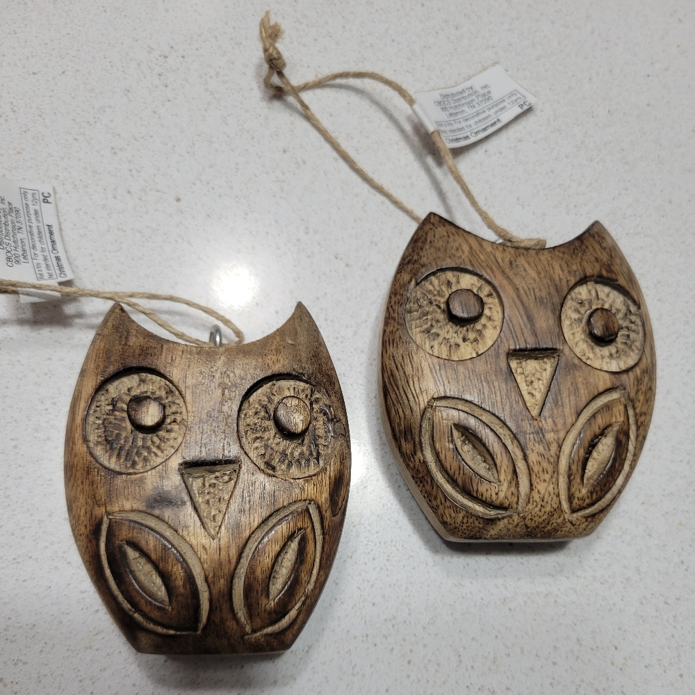 Set of 2 Wooden Carved Owls Ornament Deco Owls  NEW